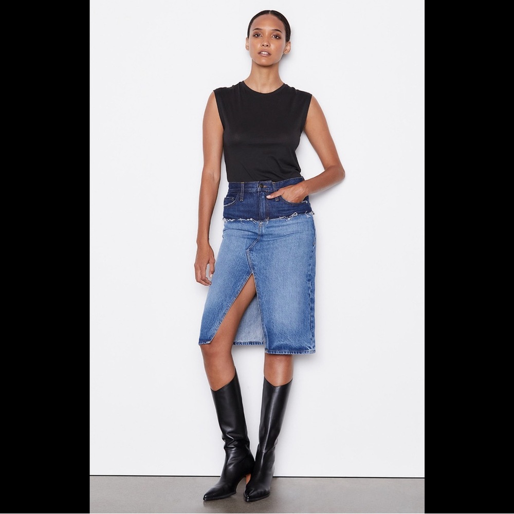 NWT FRAME Denim Reconstructed Midi Skirt Indigo Ombré Size 31